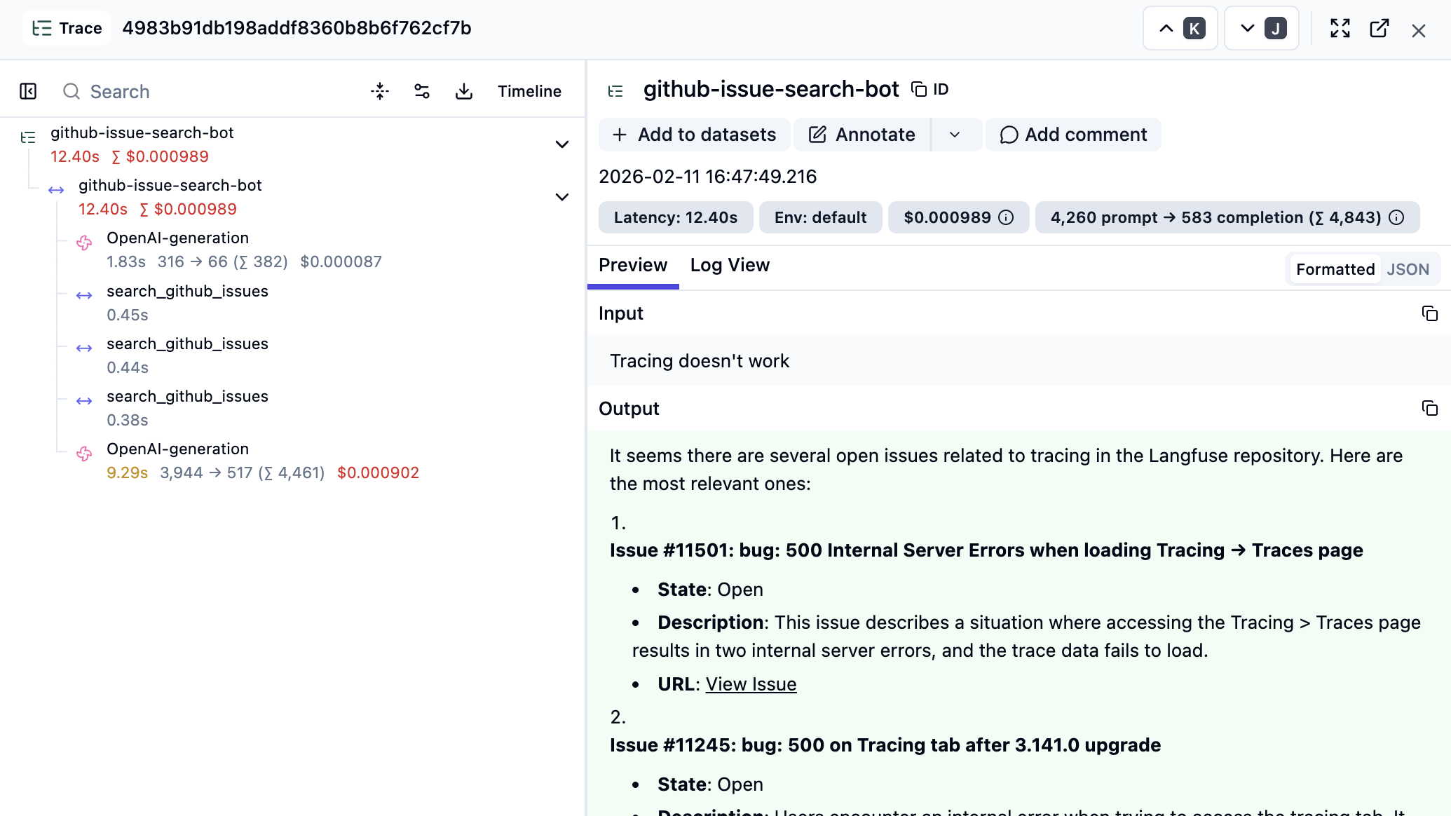 Traces from the GitHub issue search chatbot in Langfuse